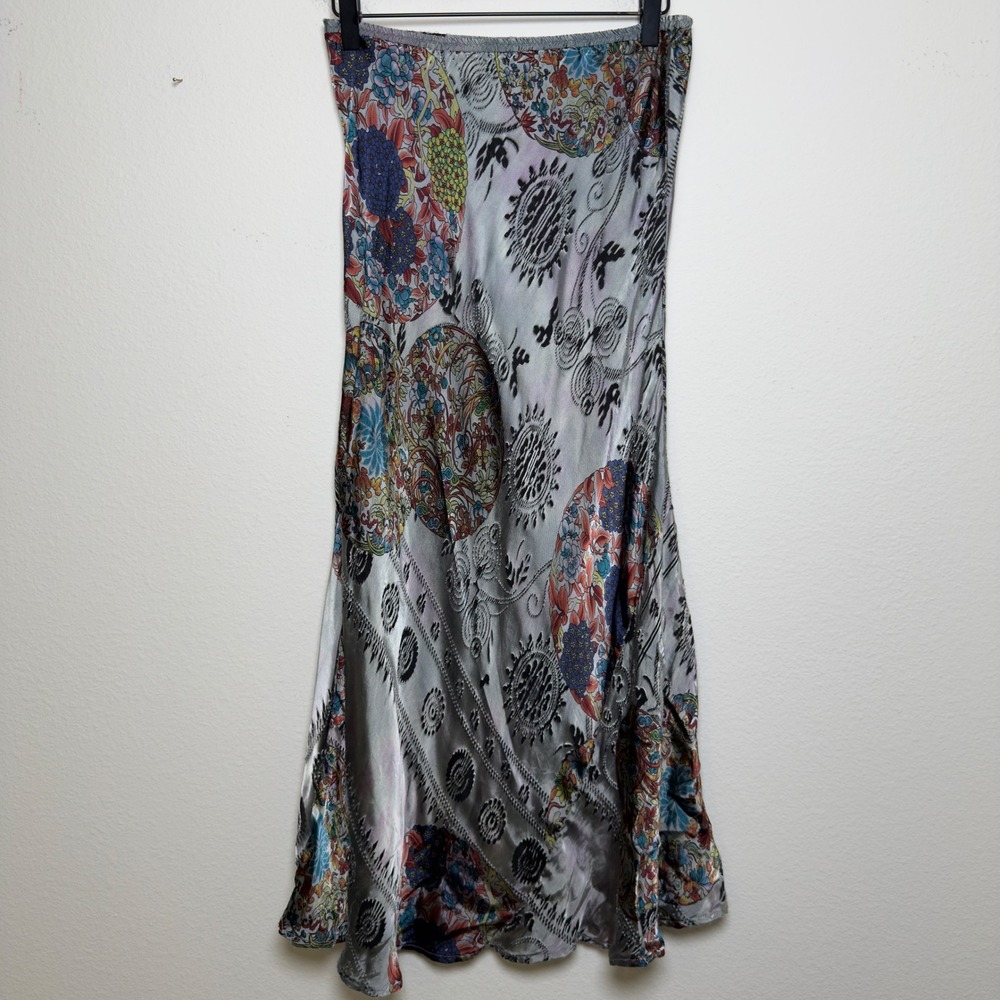 CITRON Santa Monica Silk Midi Skirt Small Gray Multicolor Floral Whimsigoth Arts